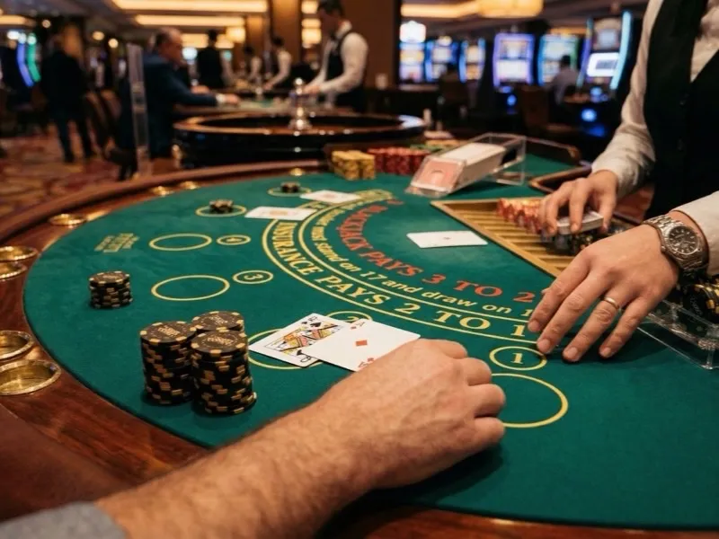 Sala de juegos de casino en Bogotá con mesas iluminadas y ambiente nocturno