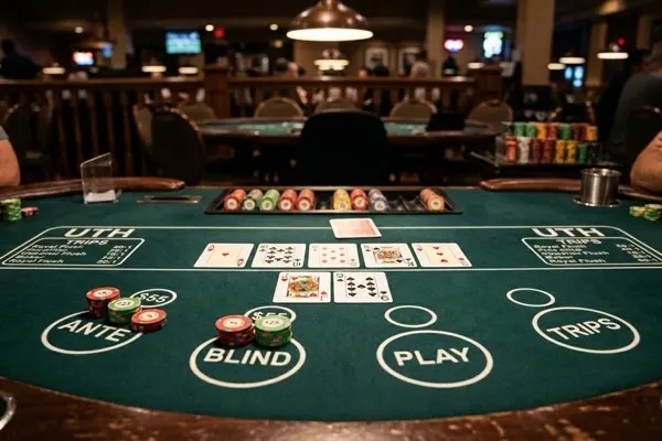 Mesa de Punto y Banca en un casino con tapete verde y fichas ordenadas frente al dealer